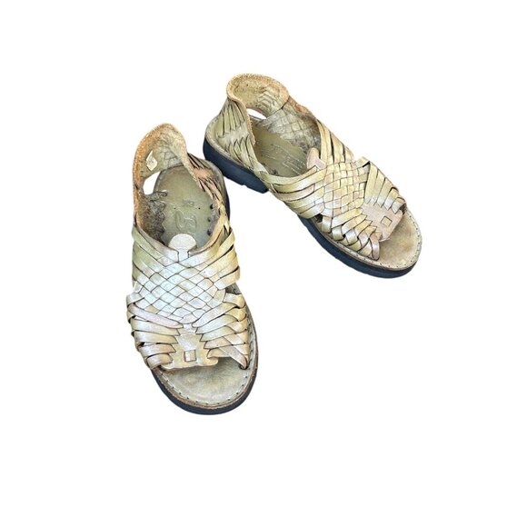 Brand X Mexican Huaraches Gold Green Woven Leather Size 6.5 - Picture 2 of 9